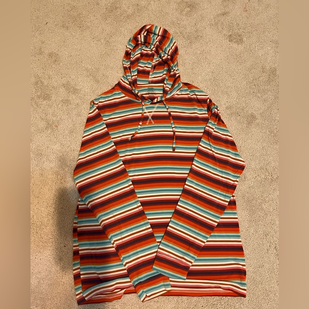 MeUndies long sleeved men’s multi colored striped hooded super soft shirt.